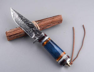 Couteau à lame damassée fixe bleu - ForgeOrigine