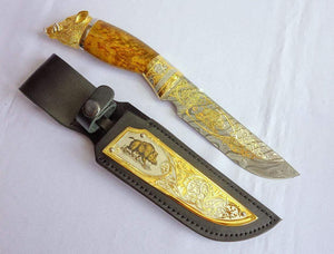 Couteau damas en or - sanglier - ForgeOrigine