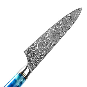 Couteau de cuisine damas manche bleu résineux - ForgeOrigine