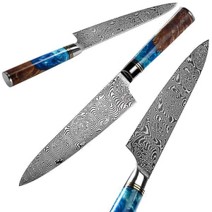 Couteau de cuisine damas manche bleu résineux - ForgeOrigine