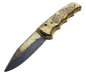 Couteau de poche en acier damas et or - ForgeOrigine