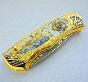 Couteau de poche en damas et or - ForgeOrigine