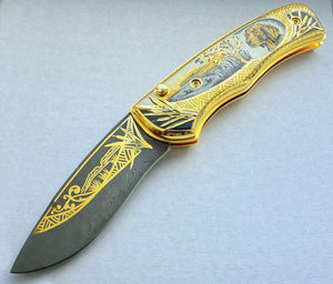 Couteau de poche en damas et or - ForgeOrigine