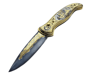 Couteau de poche forgé en damas et or - ForgeOrigine