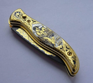 Couteau de poche forgé en damas et or - ForgeOrigine