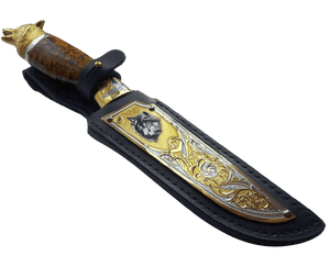 Couteau en acier damas en or - Tête de loup - ForgeOrigine