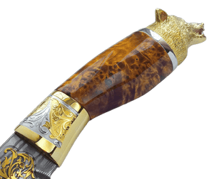 Couteau en acier damas en or - Tête de loup - ForgeOrigine