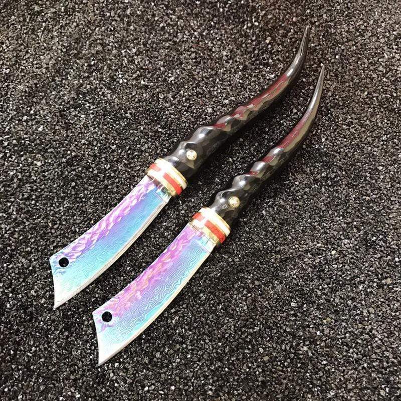 Couteau lame damas titane en corne fine - ForgeOrigine