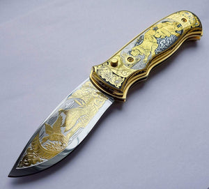 Couteau pliant en or - Chiens de chasse - ForgeOrigine